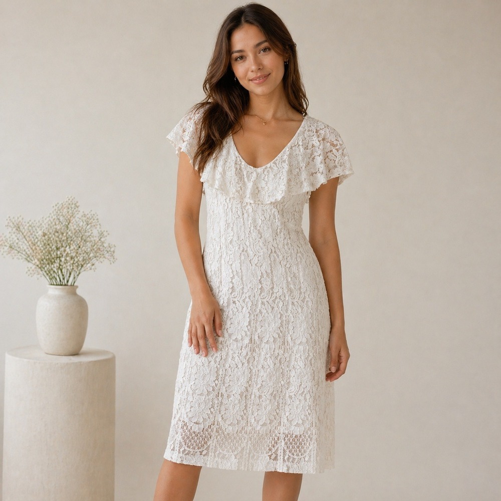 Lauren Ralph Lauren Lace Sheath Dress Womens 10 White Ruffle V-Neck